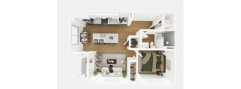 A top-down view of a modern living room with a kitchen area.