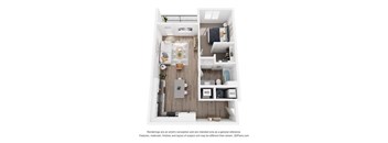 A 3D floor plan of a small apartment with a kitchen, living room, and bathroom.