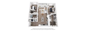 A 3D floor plan of a small apartment with a kitchen, living room, and bedroom.