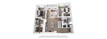 A 3D floor plan of a house with a kitchen, living room, and two bedrooms.