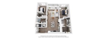 A 3D floor plan of a small apartment with a kitchen, living room, and bedroom.