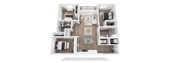A 3D floor plan of a small apartment with a kitchen, living room, and two bedrooms.