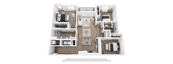 A 3D floor plan of a house with a kitchen, living room, dining room, and two bedrooms.