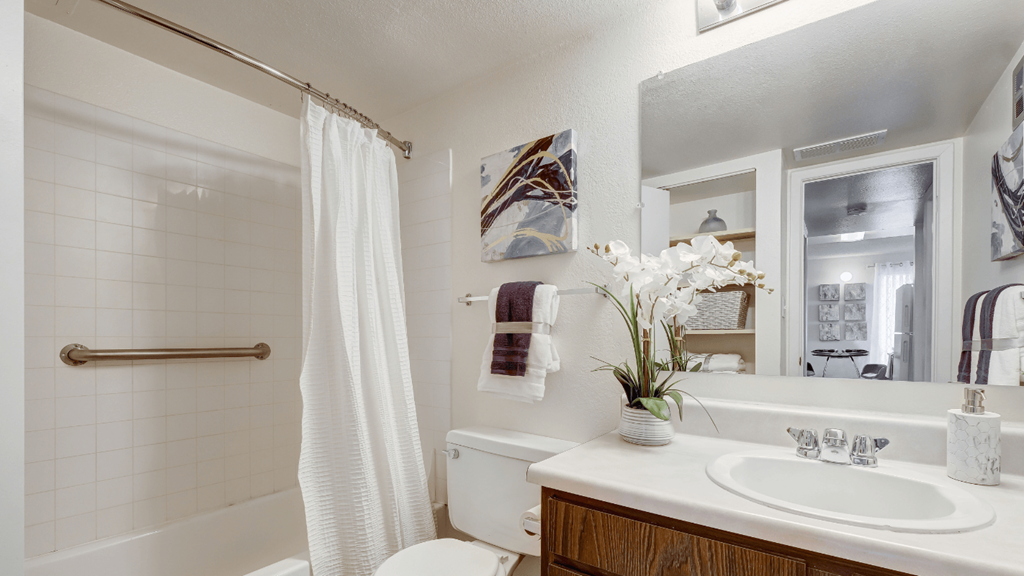 a bathroom with a shower and a sink and a toilet