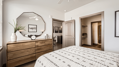 A bedroom with a patterned bedspread, a wooden dresser, and a mirror on the wall.
