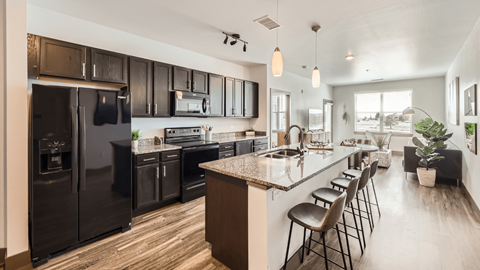A modern kitchen with dark wood cabinets and a granite countertop.