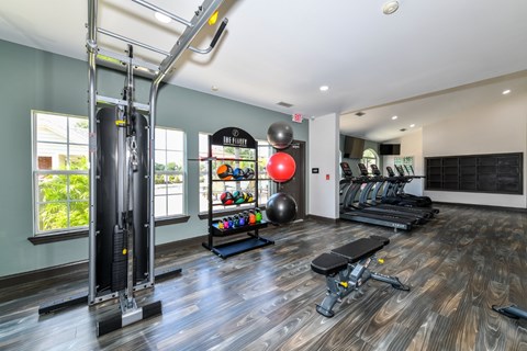 A gym with a variety of equipment including a treadmill, a weight machine, and a rowing machine.