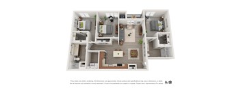A 3D rendering of a floor plan for an apartment with various rooms and furniture.