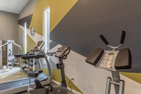 A treadmill and a stationary bike are in a gym.