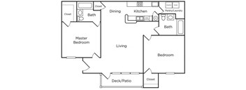 A black and white floor plan of a house with a master bedroom and a deck/patio.