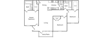 A floor plan of a house with a master bedroom, two living areas, a kitchen, a pantry, two bathrooms, a deck, and a patio.