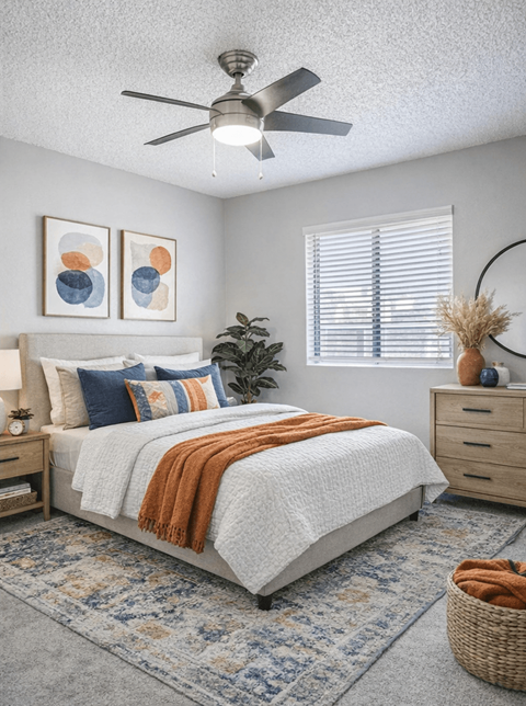 A bedroom with a bed, a ceiling fan, and a rug.