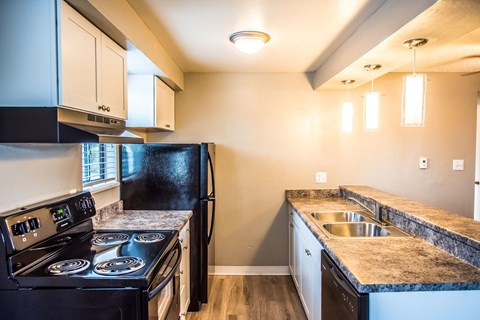 A kitchen with a black refrigerator and a black stove.