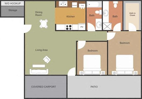 A floor plan of a house with a living area, two bedrooms, a kitchen, a bathroom, a dining room, a covered carport, and a patio.