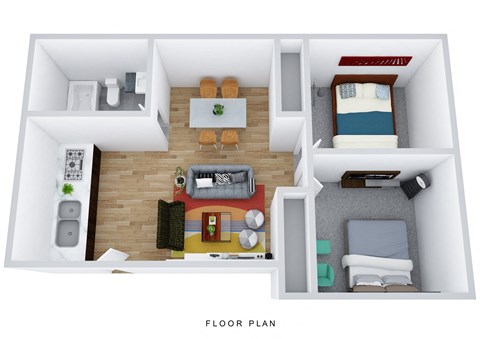 A floor plan of a small apartment with a living room, kitchen, and bedroom.