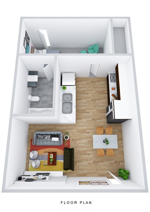 A floor plan of a small apartment with a kitchen, living room, and bathroom.