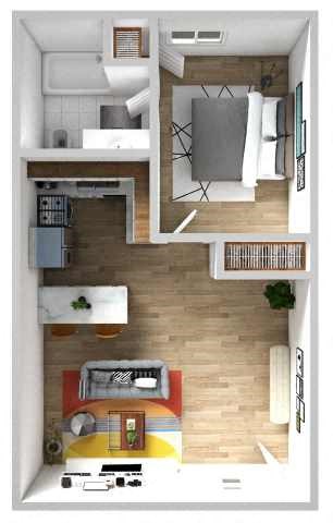 A small apartment with a bedroom, kitchen, and bathroom.