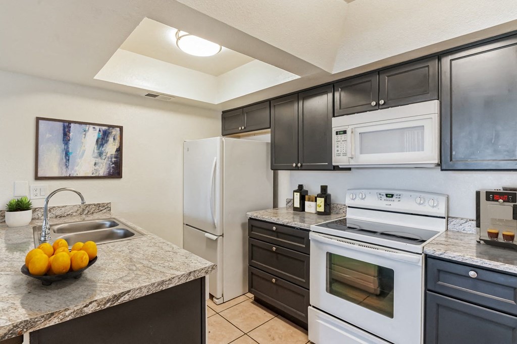 A kitchen with a white refrigerator, white oven, and black cabinets.