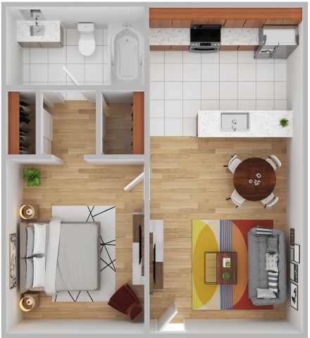 A top-down view of a small apartment with a kitchen, living room, and bathroom.