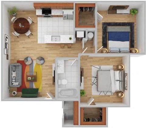A top-down view of a small apartment layout with a kitchen, living room, and bedroom.