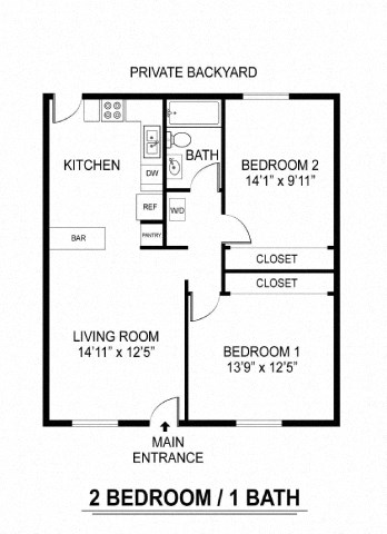 A floor plan of a small apartment with two bedrooms and a private backyard.