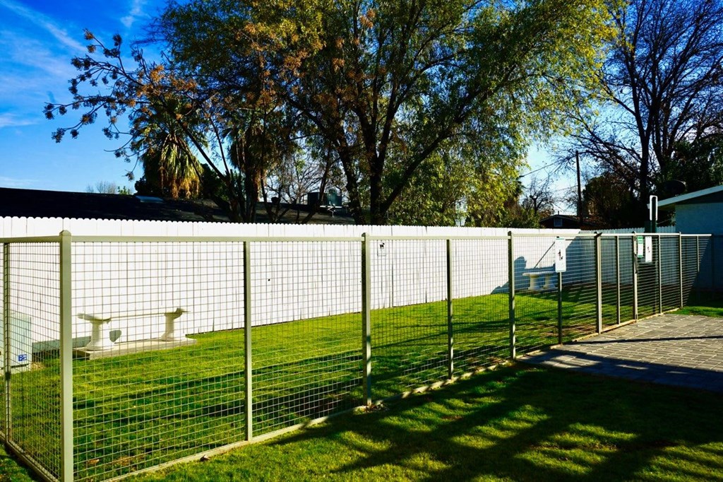 A chain link fence separates a grassy area from a building.