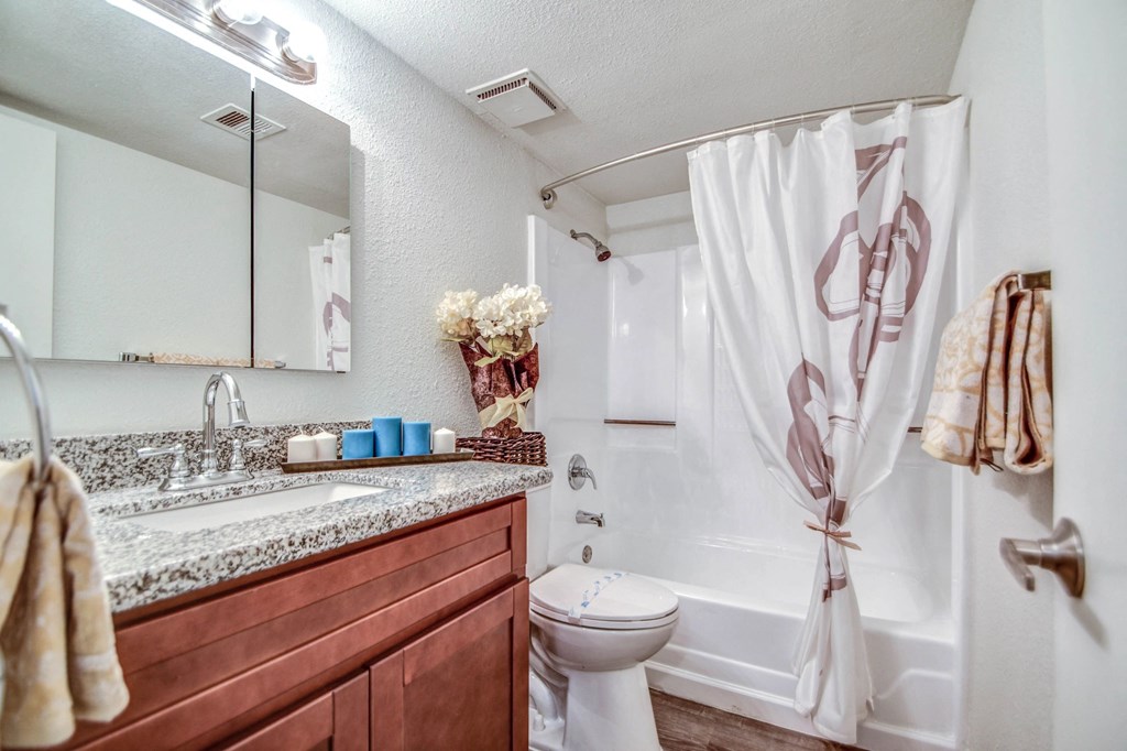 A bathroom with a toilet, sink, and shower.