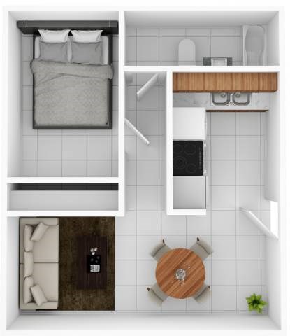 A top-down view of a small apartment with a bed, a kitchenette, and a living area.