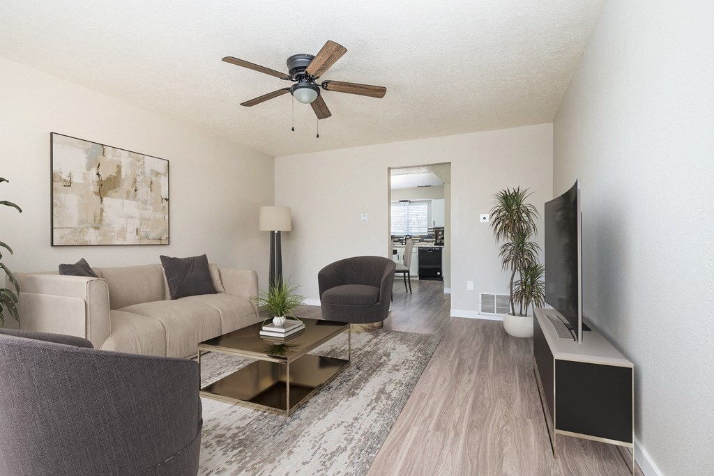 A living room with a grey couch, a coffee table, a flat screen TV and a ceiling fan.