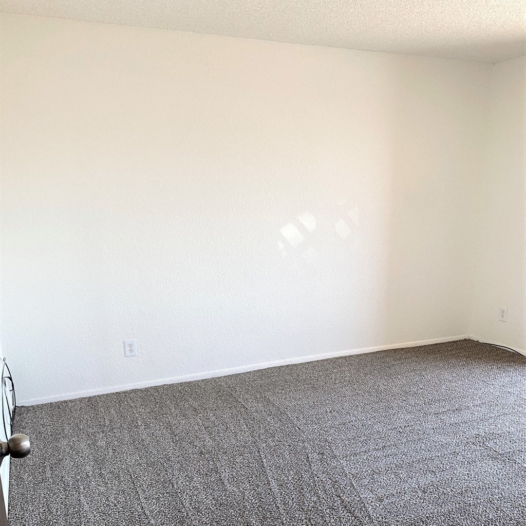 A room with a carpeted floor and a door on the left.