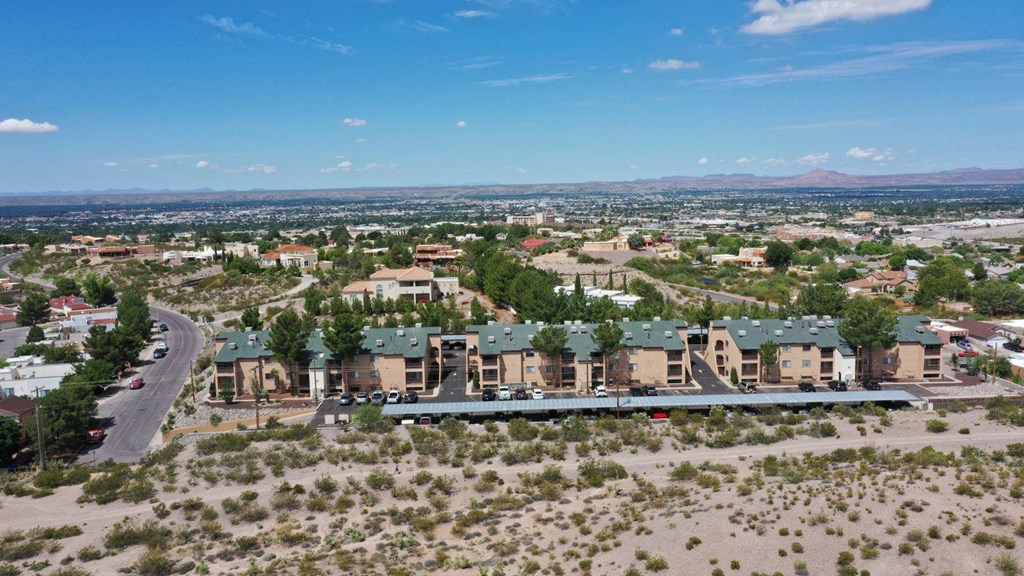 A bird's eye view of a residential area with houses and a road.