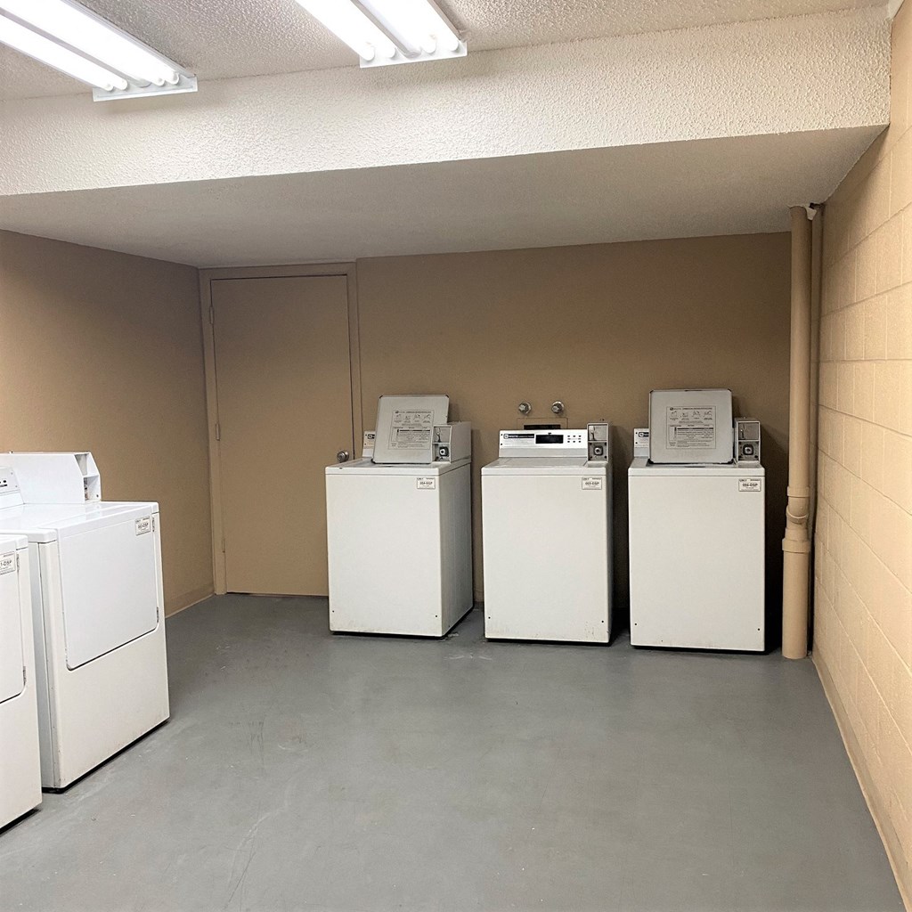 A row of white washing machines are lined up in a laundry room.