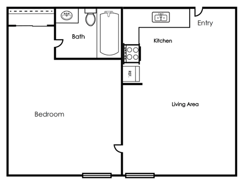 A floor plan of a small apartment with a bedroom, bathroom, kitchen, and living area.