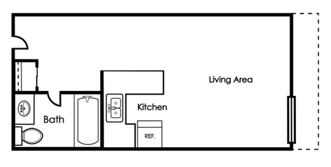 A floor plan of a small apartment with a living area, kitchen and bath.