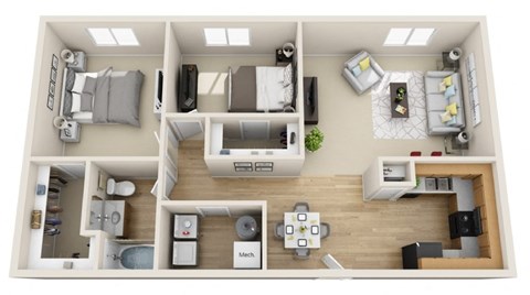 A top-down view of a small apartment with a kitchen, living room, and bedroom.