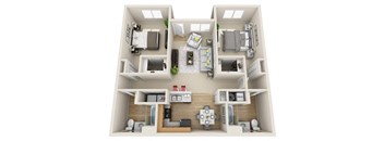A top-down view of a modern apartment layout with a kitchen, living room, and two bedrooms.