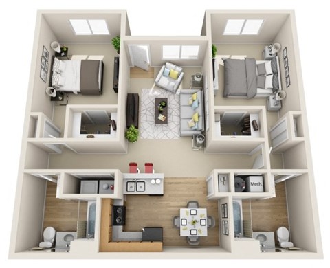 A top-down view of a modern apartment layout with a kitchen, living room, and two bedrooms.