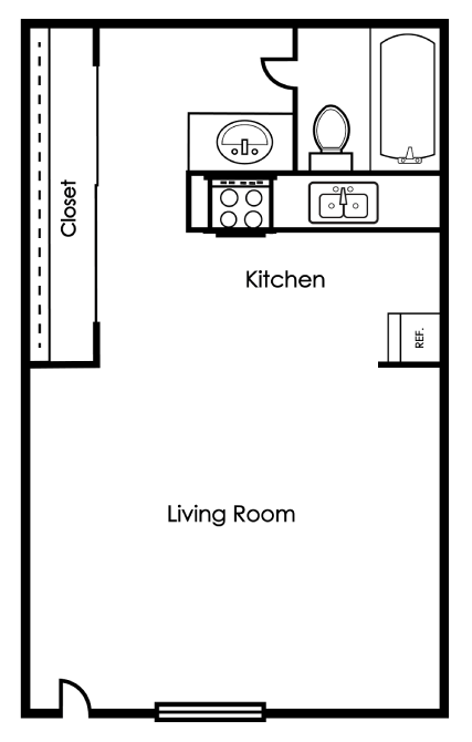 A floor plan of a small apartment with a kitchen and living room.