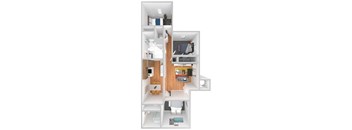 A 3D floor plan of a small apartment with a kitchen, living room, and bathroom.