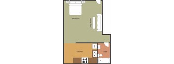 A floor plan of a room with a bedroom, living room, kitchen, and bath.