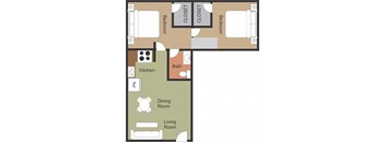 A floor plan of a house with two bedrooms, a bathroom, a kitchen, a dining room, and a living room.