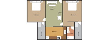 A floor plan of a house with three bedrooms, a living room, a dining room, a kitchen, a bathroom, and two closets.