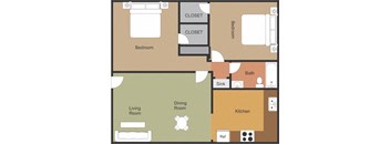 A floor plan of a house with a living room, dining room, kitchen, and two bedrooms.