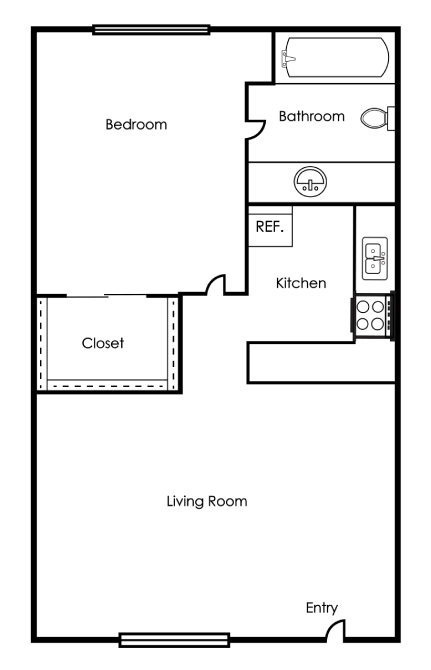 A floor plan of a room with a bedroom, bathroom, kitchen, and living room.