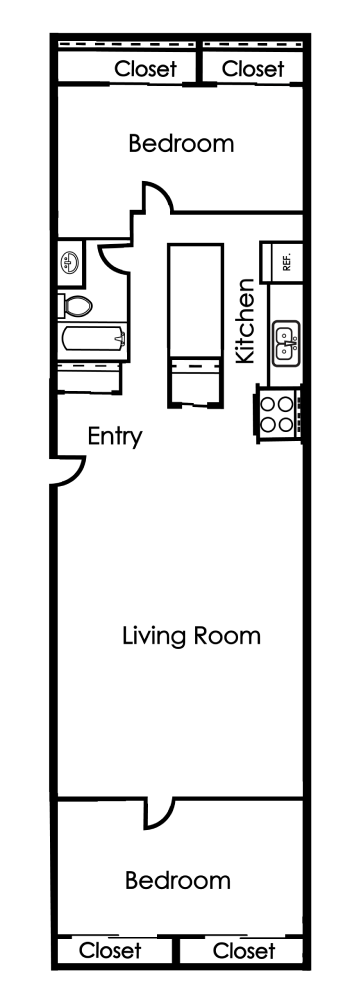 A floor plan of a house with two bedrooms, a living room, a kitchen, and two closets.