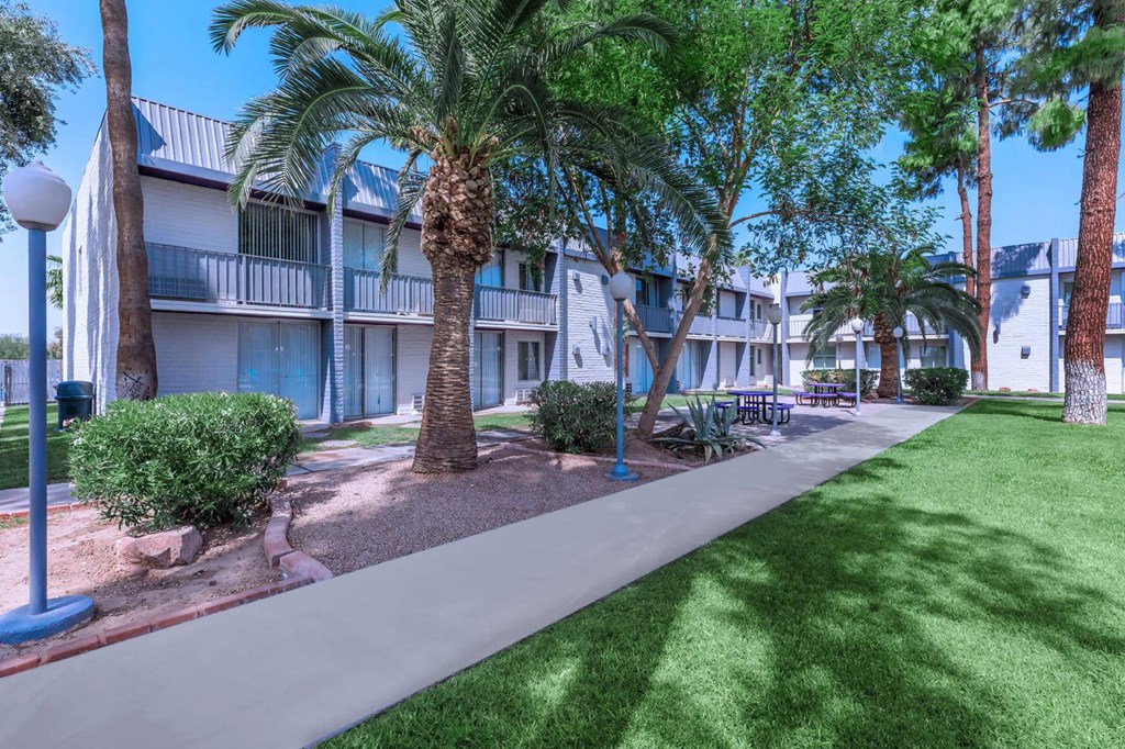 A sunny day at a resort with palm trees and a building in the background.