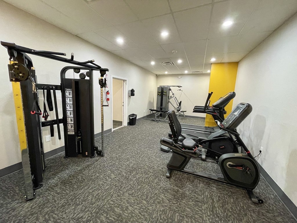 A gym with a row of exercise machines.