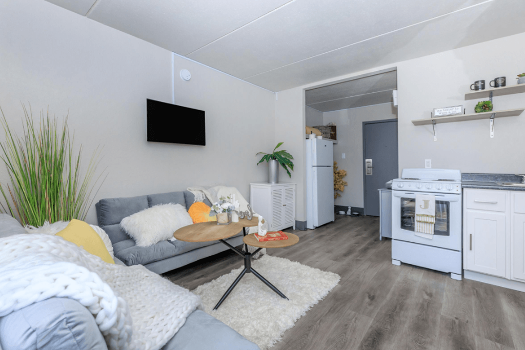 A living room with a grey couch and a white wall with a black TV.