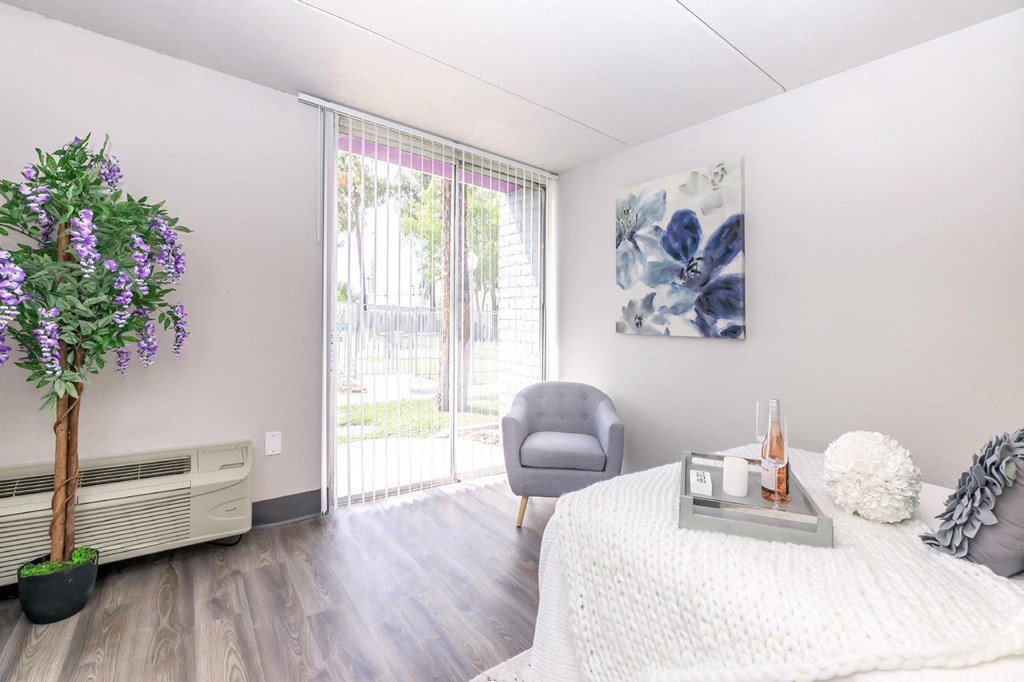 A room with a bed, a chair, and a plant.