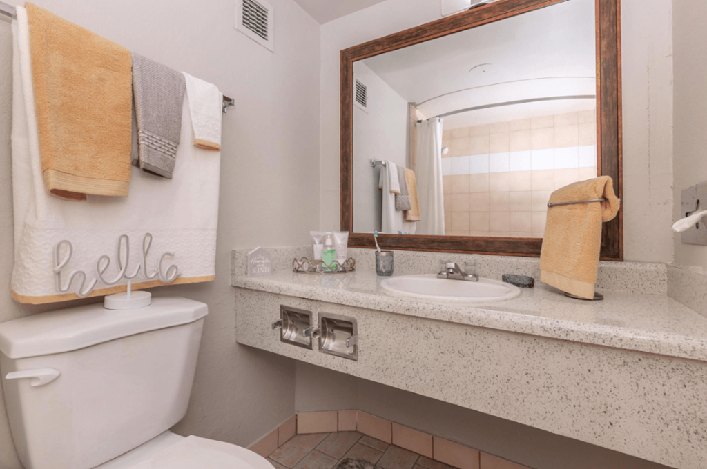 A bathroom with a toilet, sink, mirror, and towels.